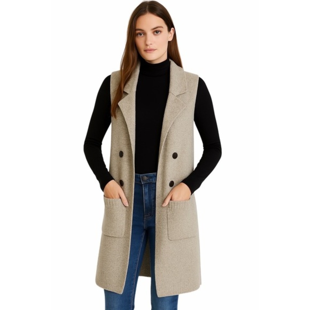 Endless Love Beige Knit‎ Long Vest Cardigan Duster Style M Preppy Academia 75-14
